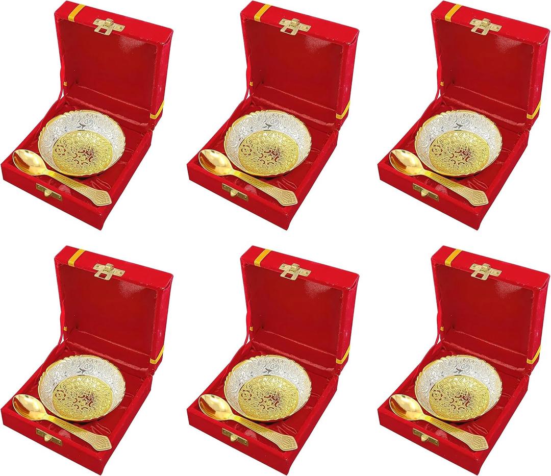 NOBILITY Bowl Spoon Set Gold and Silver Plated with Velvet Box Dry Fruit Dessert Serving Sets Friends Family Home Decorative Corporate Diwali Gifts Wedding Return Gift Items 6 Sets