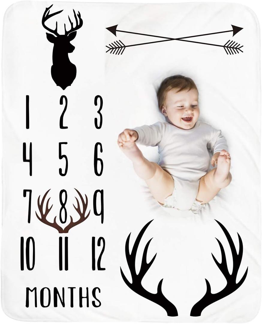 Baby Monthly Milestone Blanket Boy - Deer Newborn Month Blanket Neutral Personalized Shower Gift Woodland Nursery Decor Photography Background Prop with Frame Large 51''x40''
