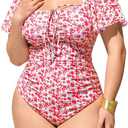Floerns Women's Plus Size Floral One Piece Swimsuit Square Neck Ruffle Sleeve Bathing Suit (3X-Large Plus, Red Multi)