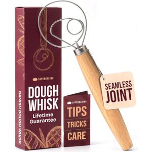 Superbaking Danish Dough Whisk - 12" Bread Whisk for Dough Mixing - Single Eye Design Sourdough Whisk - Sourdough Bread Baking Supplies - Bread Making Tools and Accessories - Ergonomic Wooden Handle (Beechwood)