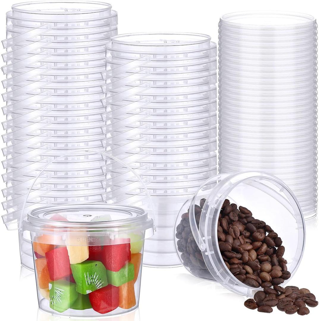 Mifoci 50 Pcs Food Clear Plastic Gallon Round Reusable Ice Cream Containers with Lids and Handles Airtight Clear Plastic Tub Freezer Reusable Pail for Popcorn Kitchen Drinks Home(8oz)