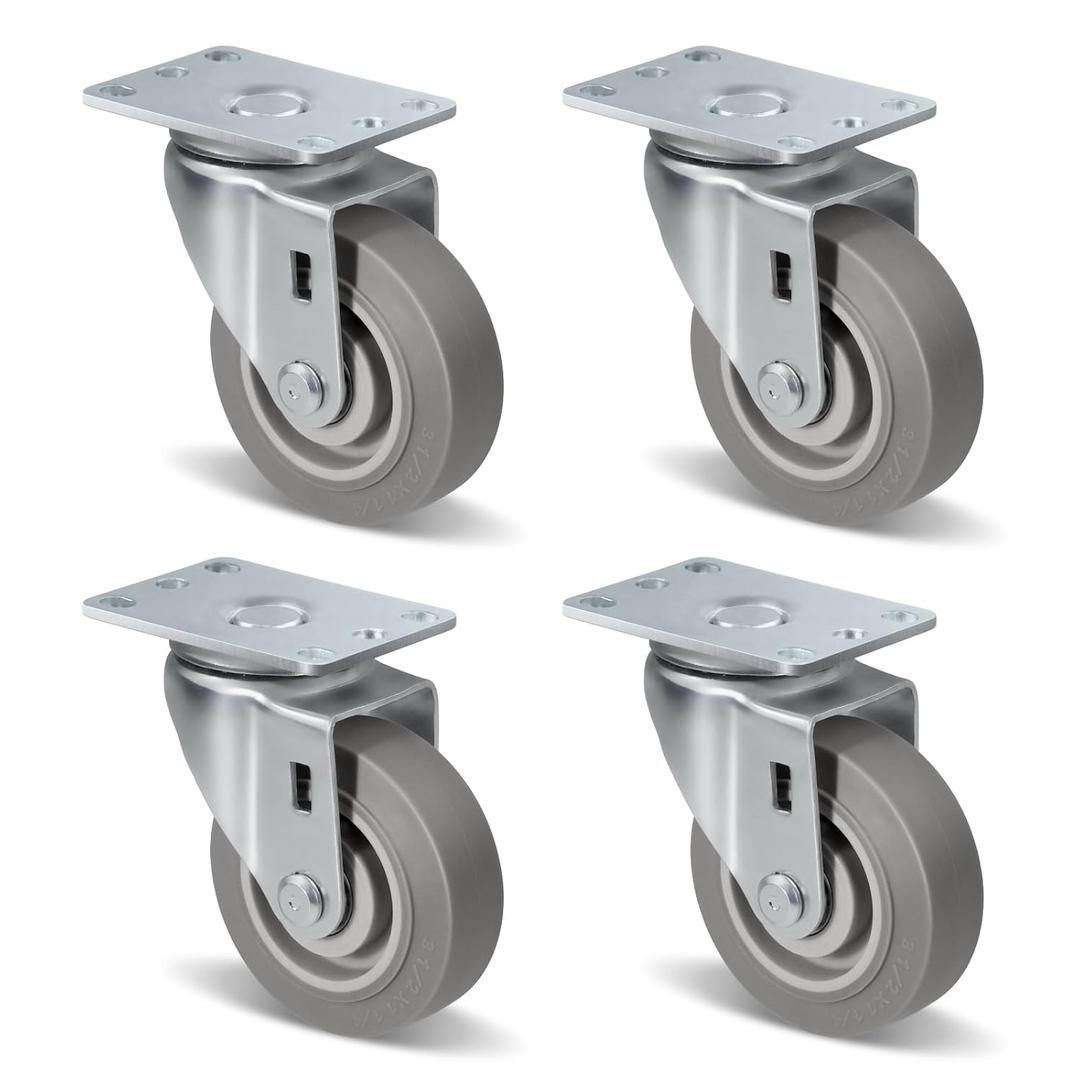3.5" Heavy Duty Casters, Swivel Rubber Casters Set of 4 No Noise Plate Caster Wheels, Load Capacity 1000lbs