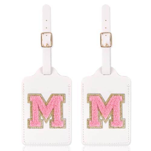 Personalized Initial Luggage Tags for Suitcases with Chenille Letter, Cute Leather Luggage Tag Monogrammed Tags for Baggage Bag Travel Gifts for Women Kids Teens(White_M) Pack of 3