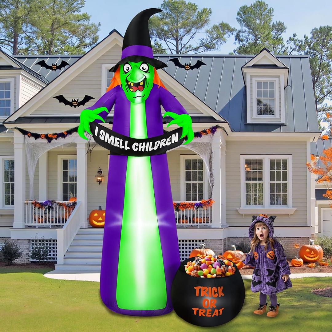 8Ft Halloween Inflatables Witch Outdoor Decorations with Candy Cauldron, Scary Blow Up Witch Holds I Smell Children Banner, Inflatable Halloween Build-in LEDs for Party Yard Lawn Garden Decor