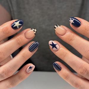 Short Nails Press on Oval French Tip Fake Nails Blue False Nails with Stars Stripes Leopard Print Designs Petite Acrylic Nail Cute Short Glossy Glue on Nail for Women Girls 24Pcs (Style1)