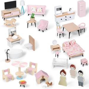 Wooden Dollhouse Furniture Set, Dollhouse Accessories and Furniture, with 7 Rooms 3 Dolls, Includes Patio Set & Dog Set, Doll House Furniture Toys Gift for Kids Boys Girls