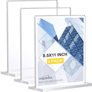 Acrylic Sign Holder 8.5 x 11 Inch 3 Pack, Clear Display Sign Stand for Store Sign Holders, Vertical Double Acrylic Stands, Vendor Booth Display Items