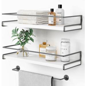 Forbena White Floating Shelves for Bathroom Organizer Over Toilet, Bathroom Shelves Wall Mounted with Towel Rack, Corner Wall Shelf for Bedroom Decor Kitchen Storage (White-Dark Grey, Set of 2), 6D x 15.7W x 2.6H in