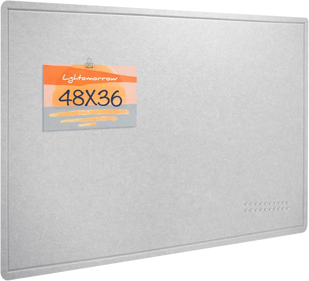 Lightomorrow Large Bulletin Board - 48 x 36 Inches, Decorative Felt Pin Board for Wall - 4' x 3' Foldable Photo Display Board with Self-Adhesive Tape, Includes 20 Push Pins - Light Gray, 4836 Inches