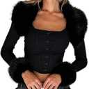 VWIWV Women Long Sleeve Crop Jacket with Faux Fur Collar Coat Outwear Lightweight Casual Jackets Clubwear (Small, Black)