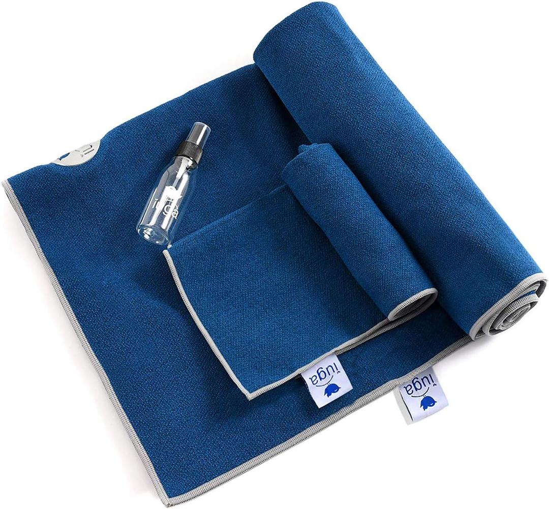 IUGA Yoga Towel for Hot Yoga Non Slip Extra Thick Yoga Mat Towel + Hand Towel 2in1 Set with Corner Pockets Super Absorbent and Quick Dry Hot Yoga Towel