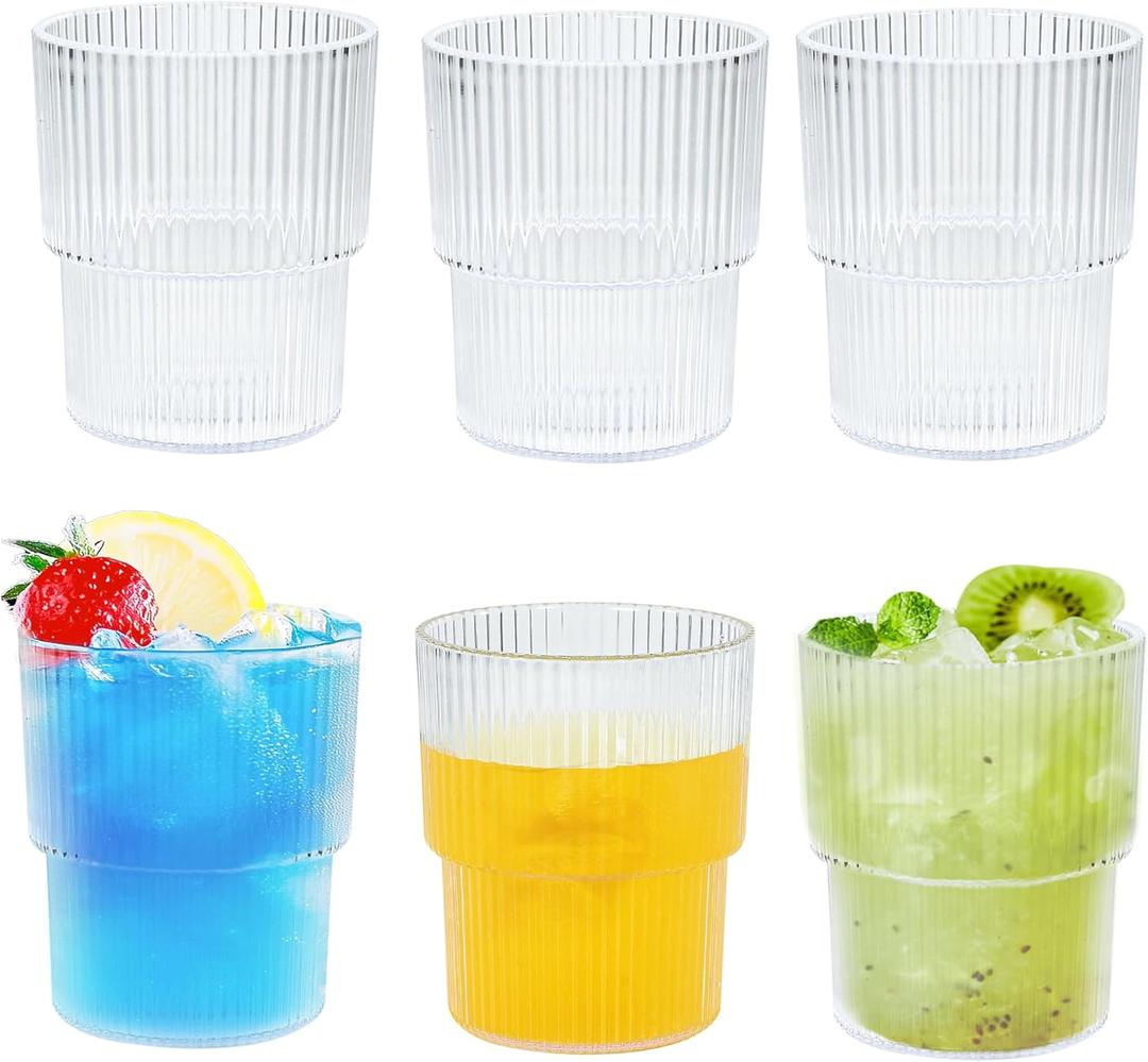12 oz Plastic Drinking Glasses Set of 6, Reusable Unbreakable Ribbed Glassware, Shatterproof Stackable Ribbed Glasses Vintage Acrylic Glassware for Tea Juice Water, Dishwasher Safe