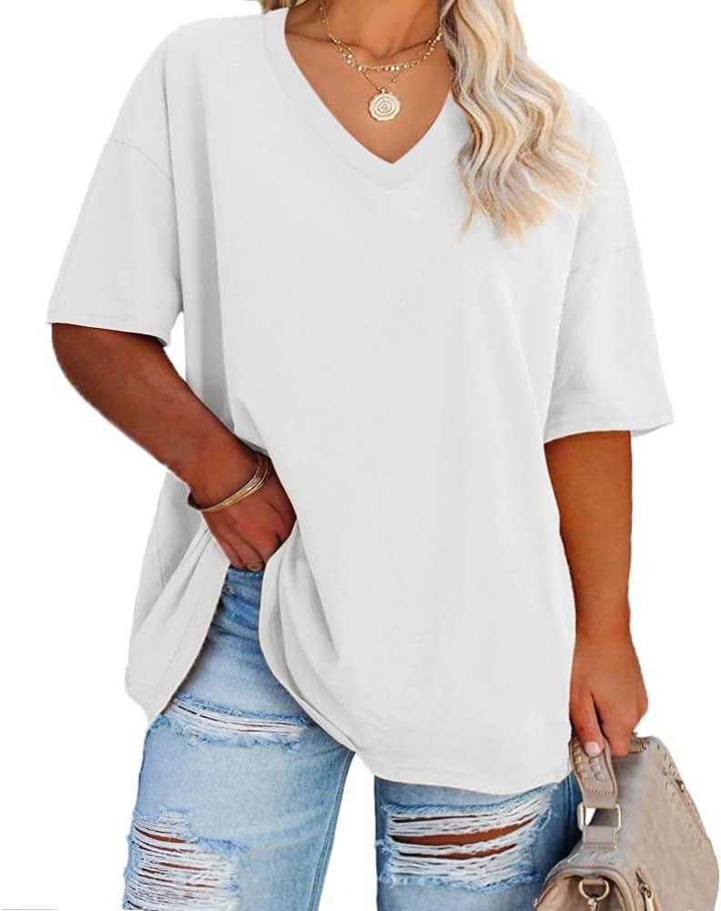 Women's Plus Size V Neck T Shirts Summer Half Sleeve Tees Casual Loose Fit Cotton Tunic Tops (3X-Large Plus)