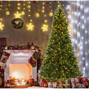 8 FT Artificial Xmas Tree with 1498 PVC Branch Tips 880 Warm White LED Lights