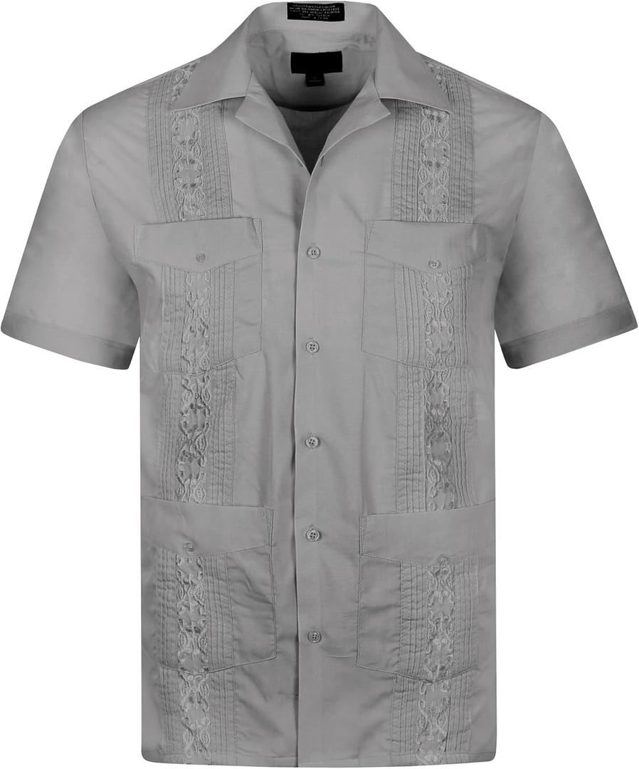 Cuban Guayabera Short Sleeve Shirt, Wedding Beach Bartender Casual (4X-Large, Light Grey)