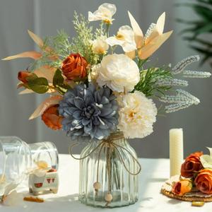 LESING Dahlia Flower Aritificial Flower with Vase Fake Silk Flowers in Glass Vase Faux Rose Flowers Arrangement for Home Office Table Centerpiece Decoration (Blue)
