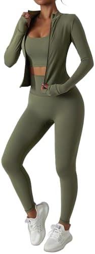 Women’s 3 Piece Workout Set – Sports Bra, Leggings & Jacket with Thumbholes – Yoga Outfit Activewear for Gym Running Training Size S