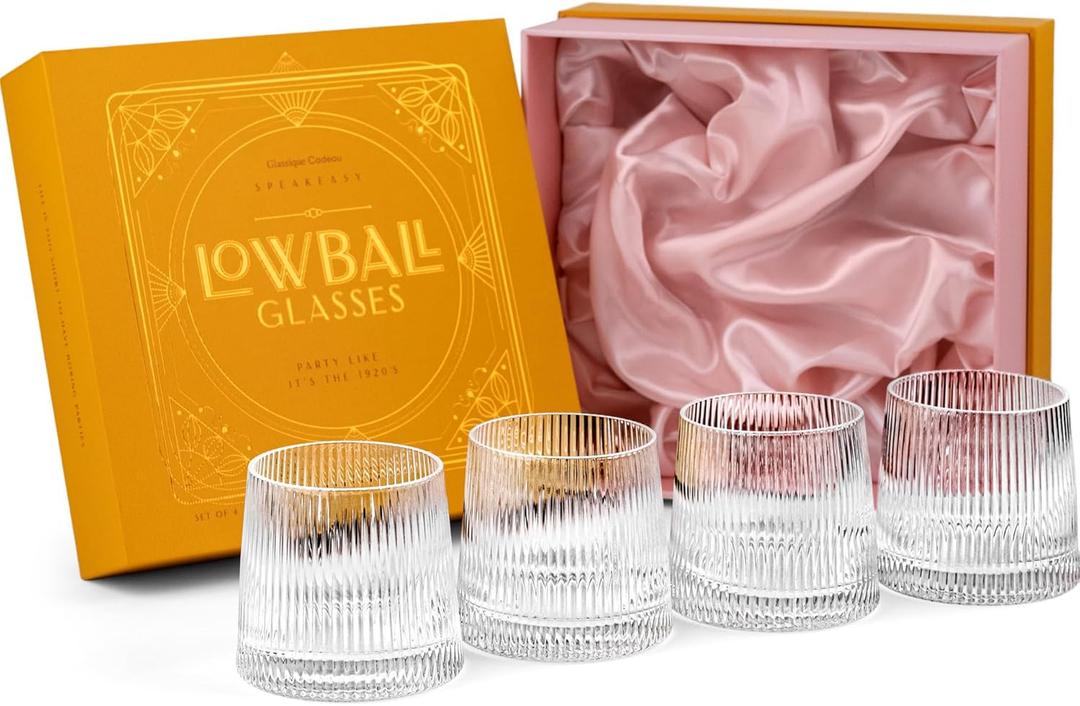 GLASSIQUE CADEAU Vintage Art Deco Speakeasy Lowball Glasses | Set of 4 | 9 oz Crystal Tumblers for Drinking Classic Gin, Rum, Vodka Bar Drinks | Round Short Rocks Glassware GLASSIQUE CADEAU Vintage Art Deco Speakeasy Lowball Glasses | Set of 4 | 9 oz Crystal Tumblers for Drinking Classic Gin, Rum, Vodka Bar Drinks | Round Short Rocks Glassware