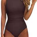 SUUKSESS Women One Piece Ruched Swimsuit Tummy Control Backless Bathing Suit (Medium, Dark Brown)