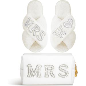 Xtinmee Personalized Initial Wedding Bride Slippers MRS Pearl Letter Makeup Bag Bridal Shower Gifts for Wedding Day (W)