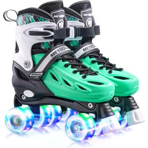 METROLLER Roller Skates for Girls Ages 5-8 8-12 and Boys Teens, Adjustable 4 Sizes for Kids Toddler Rollerskates with Light up Wheels, for Women (Green, Large-Youth & Adult (4-7 Men/5-8 Women))