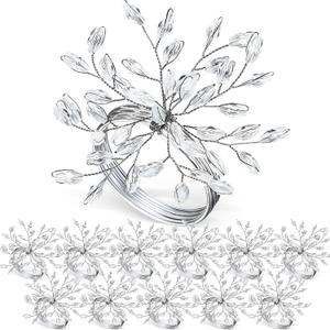 WILLBOND Christmas Handmade Crystal Leaf Napkin Rings Set of 18 Rhinestone Gold Napkin Rings Silver Napkin Rings for Dinner Parties Weddings Thanksgiving Everyday Use(12 Pieces, Silver)