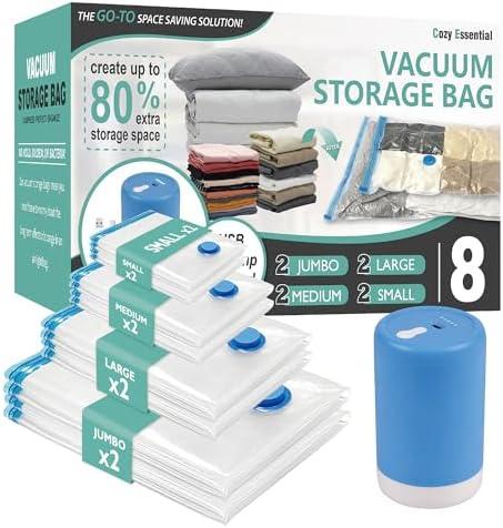 Cozy Essential Travel Vacuum Clothes Bags with Rechargeable Electric Pump for Luggage, Suitcase, Vacuum Seal Compression Space Saver Bags for Clothing, 6 Pack