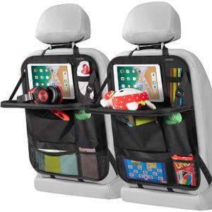 LUCMO Car Backseat Organizer with Touch Screen Tablet Holder,9 Storage Pockets Storage Organizer,Protectors Kick Mats Travel Accessories (Black, 2 Pack with Food Tray)