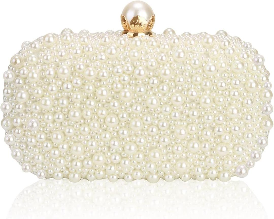 Women Pearl Clutches Noble Crystal Beaded Evening Handbag Chain Strap Shoulder Bag for Wedding Bridal Party Prom (Beige)