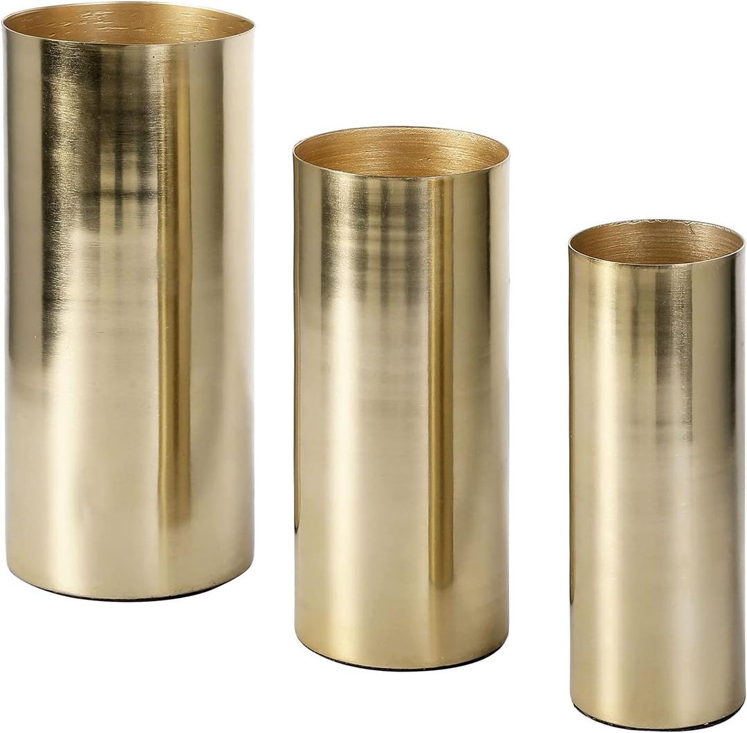 MyGift Tall Modern Brass Tone Metal Cylinder Centerpiece Flower Vases, Set of 3 - Large, Medium, Small Sizes, Handcrafted in India