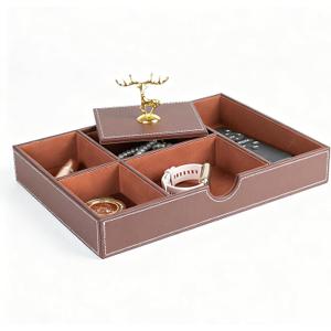 Jewelry Trays Nightstand Organizer, Valet Tray for Men and Women, Tray Organizer,Can hold Mobile phones, watches, cosmetics, keys. Dark Brown Faux Leather, 5 CompartmentCompartment