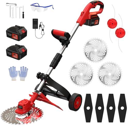 Cordless Weed Wacker, 9-inch Electric Weed Wacker Battery Powered with 2 Pcs 4.0Ah Batteries, 3 in 1 Wheeled Grass Lawn Trimmer/Brush Cutter,3 Types Blades Lightweight Edger Trimmer for Yard Care