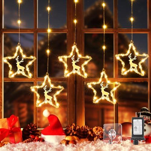 Marchpower Star Curtain Lights, 5 Stars 94 LED Window Curtain String Lights Plug in Christmas Reindeer Star Decoration with 8 Flash Modes Decoration for Indoor, Outdoor Home Holiday,Warm White