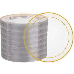 100Pcs Clear Plastic Dessert Plates, Plates Disposable Salad Plate with Gold Rim, Premium Hard Fancy Small Plate, Heavy Duty Plastic Cakes Platos for Party, Wedding and Birthday