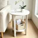 Small Round Side Table, 2-Tier Solid Wood End Table, Mid Century Modern Nightstand for Living Room, Bedroom, Easy Assembly (White)