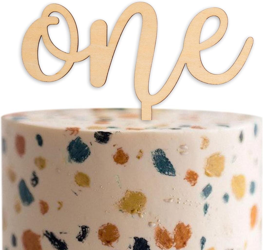 One Wooden Cake Topper - Baby First Birthday Party Cake Decorations Supplies, 1st Birthday/Baby Shower/Anniversary Milestone Sign Cake Topper, Birthday Party Celebration Photo Props