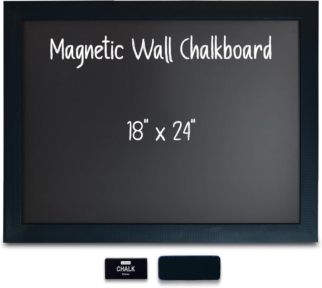 Magnetic Wall Chalkboard, Large Size 18" x 24", Rustic Wood Frame, Chalkboard Sign, Vertical or Horizontal Wall Mount, Includes Chalk and Eraser, by Better Office Products (Solid Black)