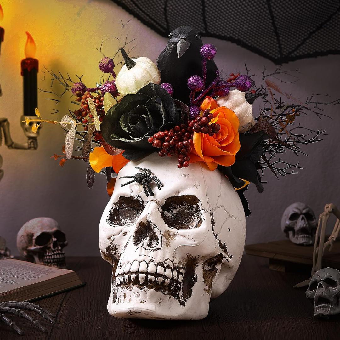 Daifunli Halloween Table Centerpieces Decorations Halloween Table Artificial Flowers Tabletop Decor for Home Kitchen Indoor Party(Skeleton Head Crow)
