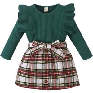 AMAWMW Toddler Baby Girl Fall Winter Clothes Long Sleeve Ruffle Shirt Corduroy Mini Skirt Infant Girl A-line Dress (3-4 Years, A Green + Wine Red Plaid)