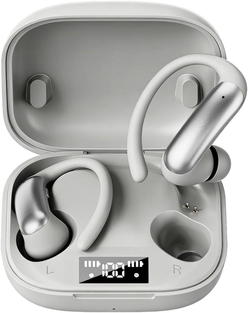 Open Ear Buds Wireless Earbuds Bluetooth Headphones with 60H Playtime LED Display Case, Over the Earbuds with Mic, Stereo Sound, Easy Button Controls, Sports Earphones for Running Workout Gym Grey