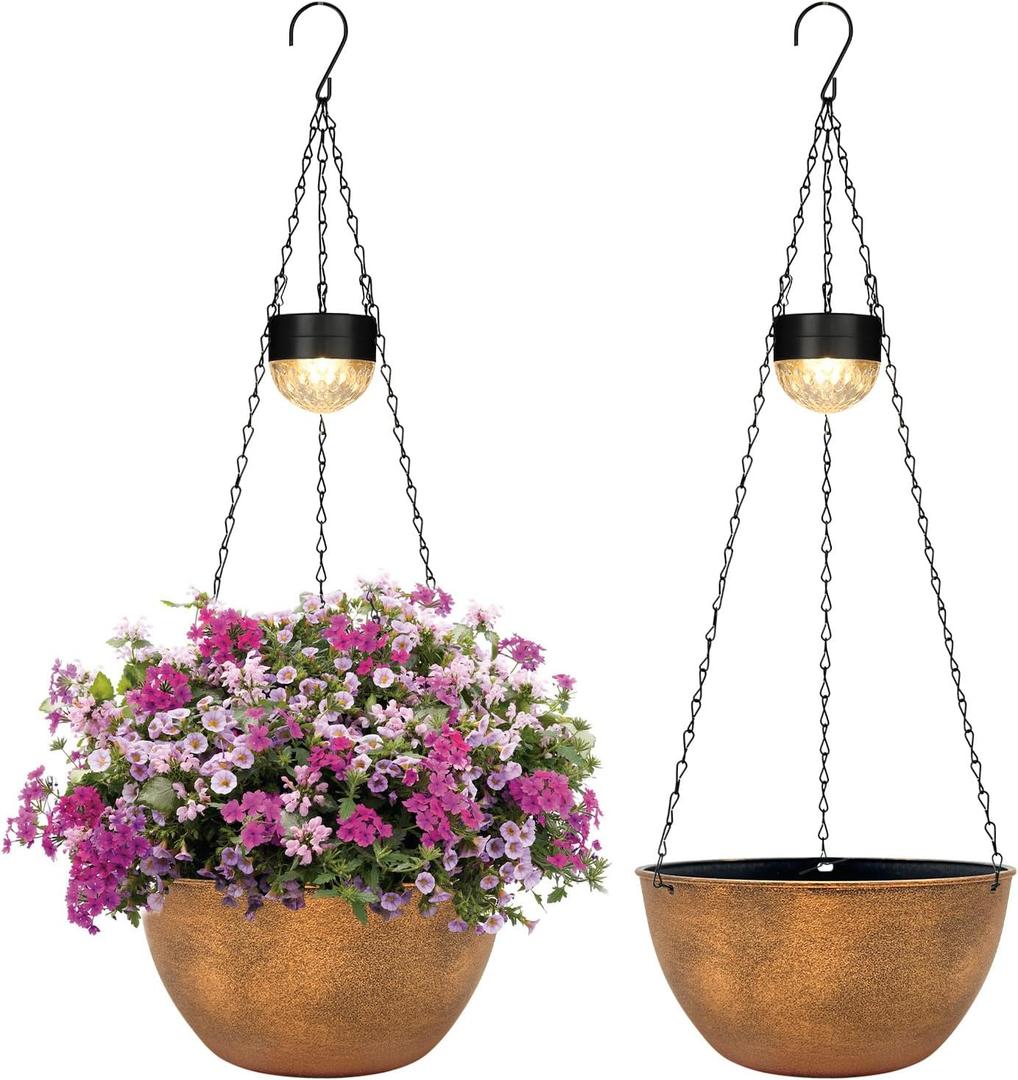 BAYN 2 Packs Solar Hanging Basket Planters for Plants Outdoor, Self Watering Bronze Flower Plants Pots with Solar Light Drainer for Balcony Patio Garden Outdoor Decoration