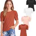 4 Pack Girls Puff Short Sleeve Shirts Summer Crewneck T Shirts Casual Tops Loose Basic Solid Blouses 5-14 Years