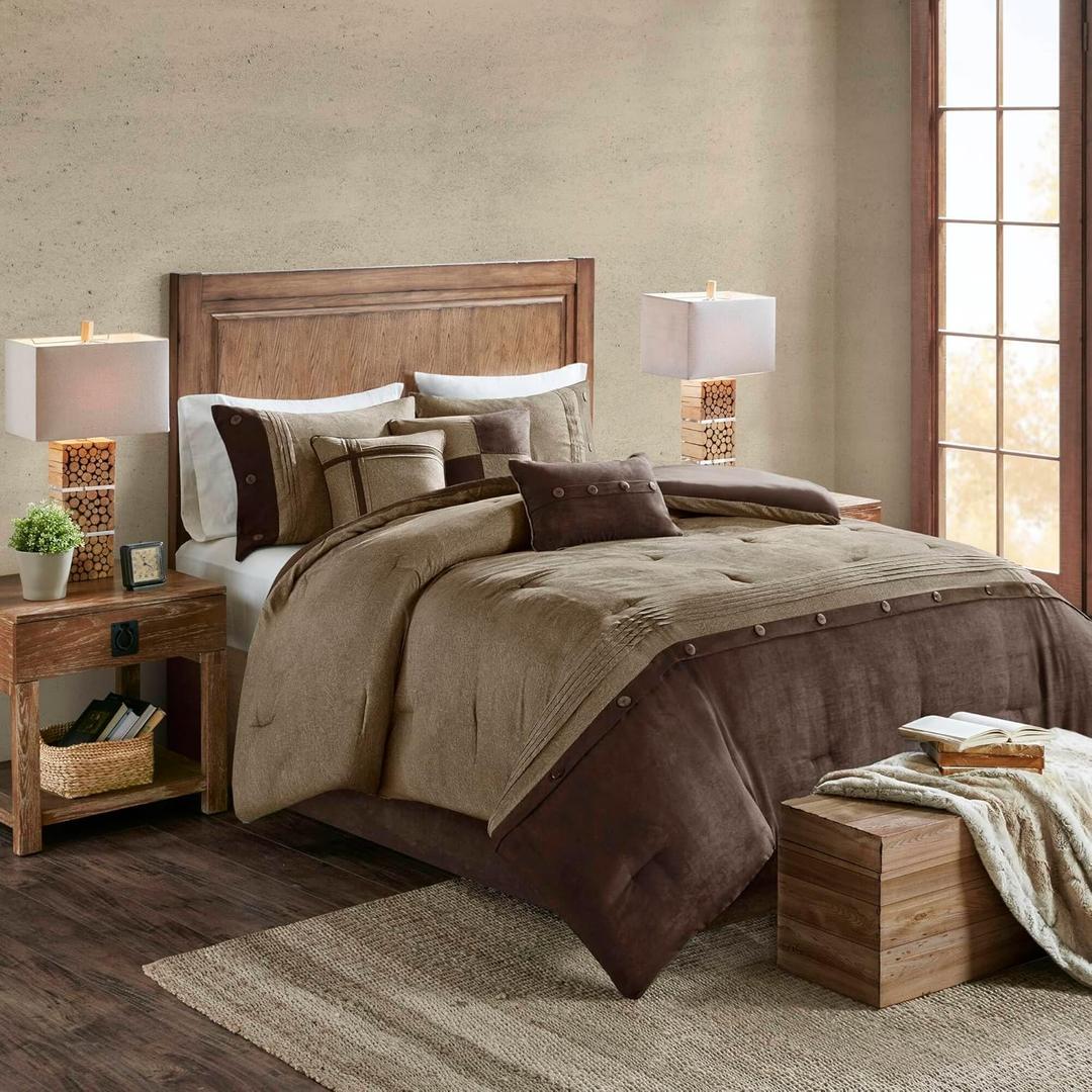 Madison Park Boone Cozy Comforter Set, Faux Suede, Deluxe Hotel Styling All Season Down Alternative Bedding Matching Shams, Decorative Pillow, King (104 in x 92 in), Rustic Brown 7 Piece