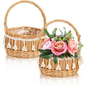 2 Pack Flower Girl Basket, Small Wicker Basket with Silk Petals, White Ribbon, Plastic Liner, Decorative Woven Willow Rattan Basket for Wedding, Gifts, Camping, Home Decor