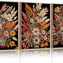 Ausril Large Mid-Century Floral Canvas Wall Art Set of 3-16x24 Inch Framed Vintage Flower Painting, Boho Botanical Print, Colorful Retro Blossom Decor for Living Room, Bedroom, Office