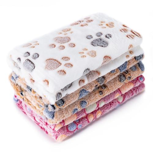1 Pack 3 Blankets Super Soft Fluffy Premium Fleece Pet Blanket Flannel Paw Printed Throw for Dog Puppy Cat (Medium 30x20'', Brown, Pink, White)