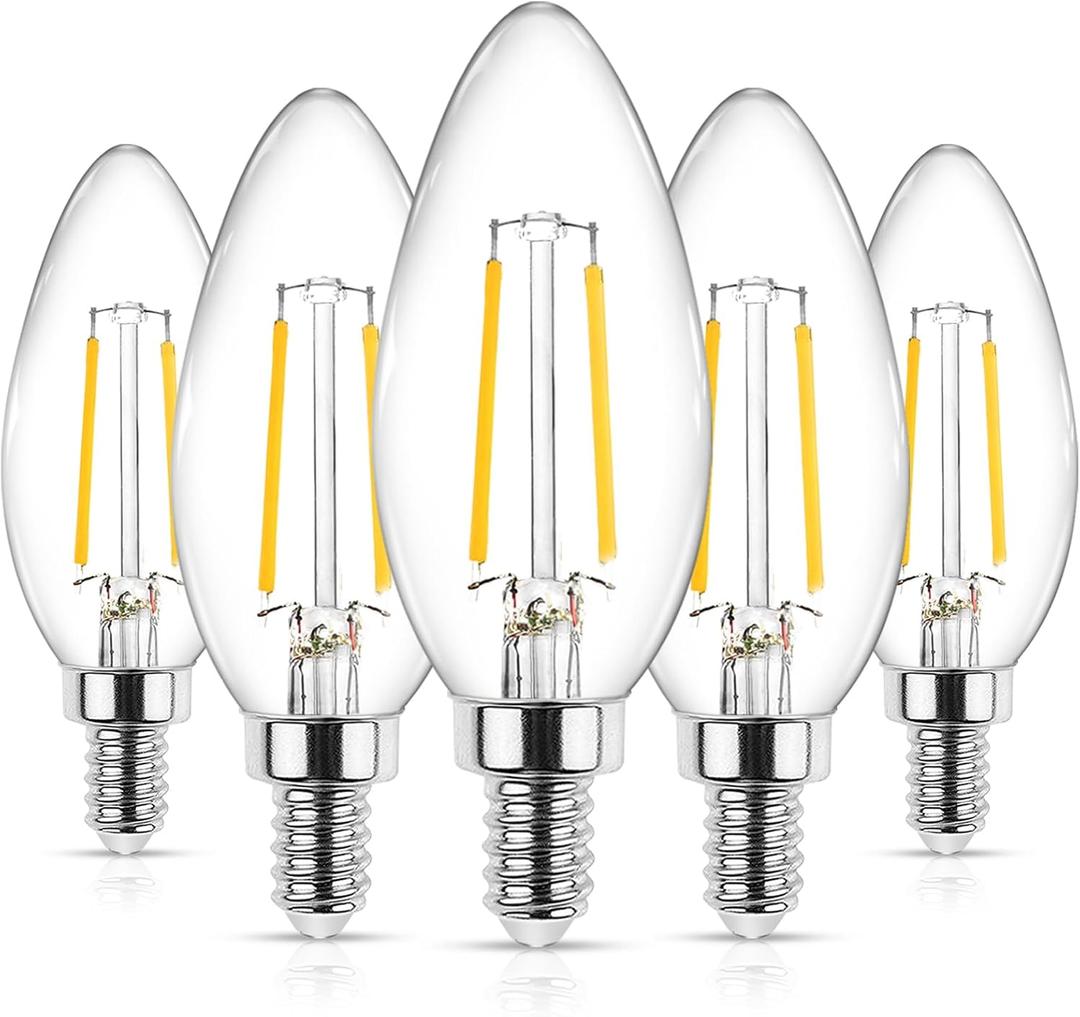 Ascher E12 LED Classic Candelabra Clear Light Bulb, 4W, Equivalent 40W, Warm White 2700K, Non-Dimmable, Filament Clear Glass, Pack of 5
