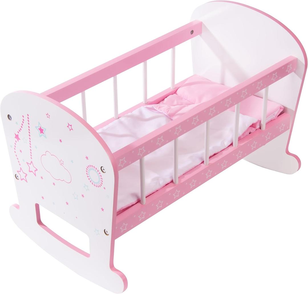 Kiddie Play Baby Doll Crib Wooden Rocking Cradle Bed for 18” Doll, Small, Measures: 19" L x 12" W x 13" H