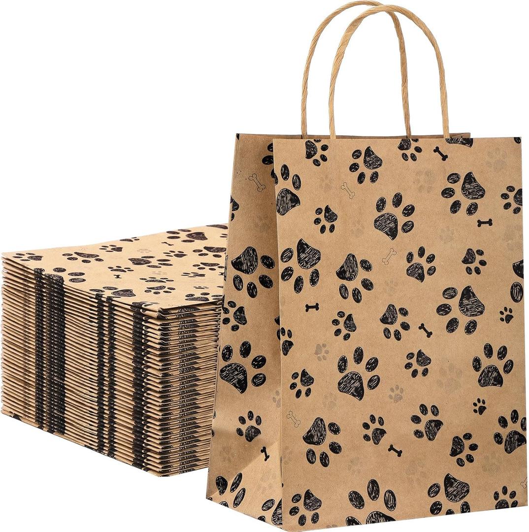 50 Pcs Large Puppy Dog Paw Print Gift Bags with Paper Handles - 10.6x8.3x4.3 Inch Kraft Dog Treat Paper Bags for Pet Treat Party Favor Birthday Gift (Brown)