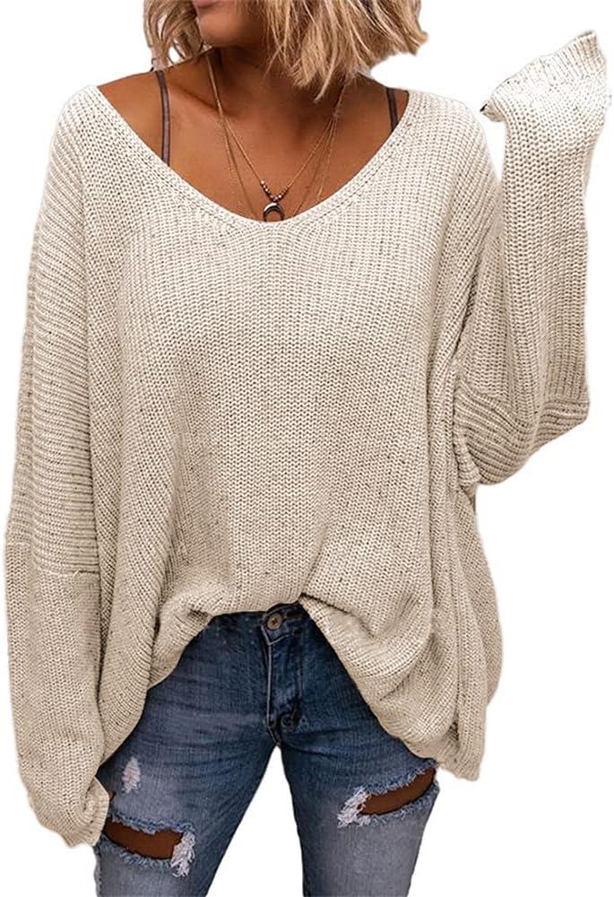 BZB Women's V Neck Long Sleeve Knit Loose Oversized Pullover Sweater Top (Large, X-beige)